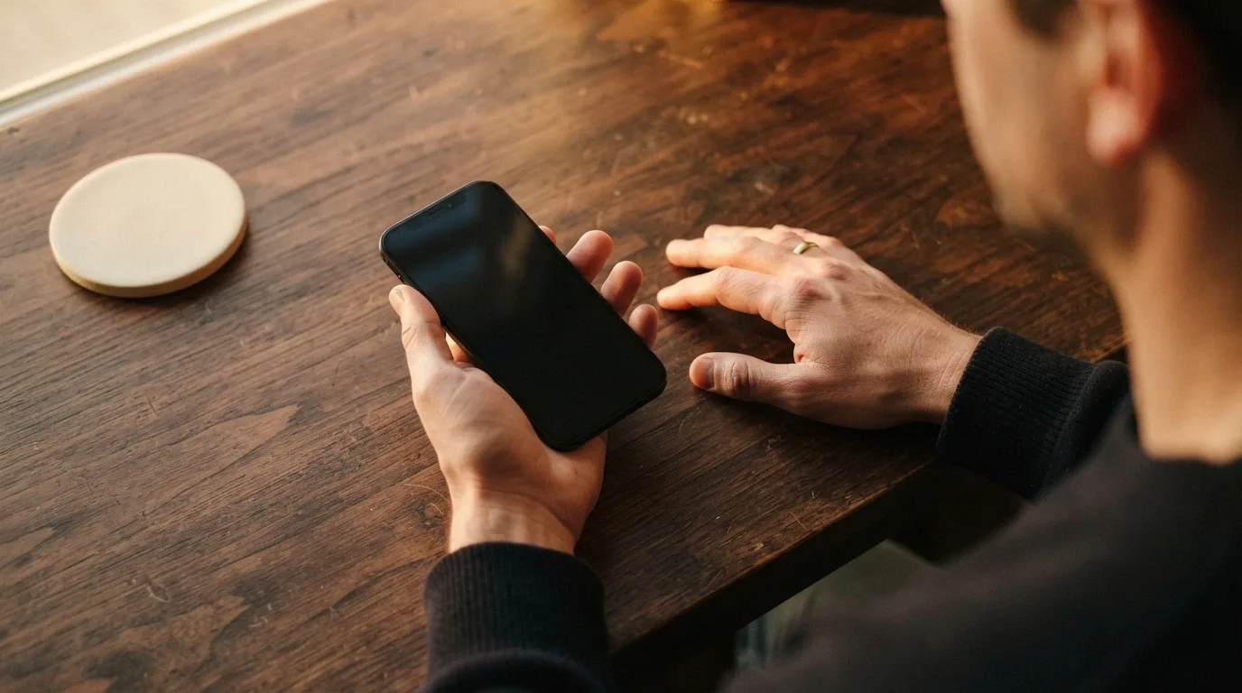 Primer plano de las manos de una persona que sostiene un teléfono móvil con la pantalla apagada, apoyado sobre una mesa, en actitud de pausa reflexiva